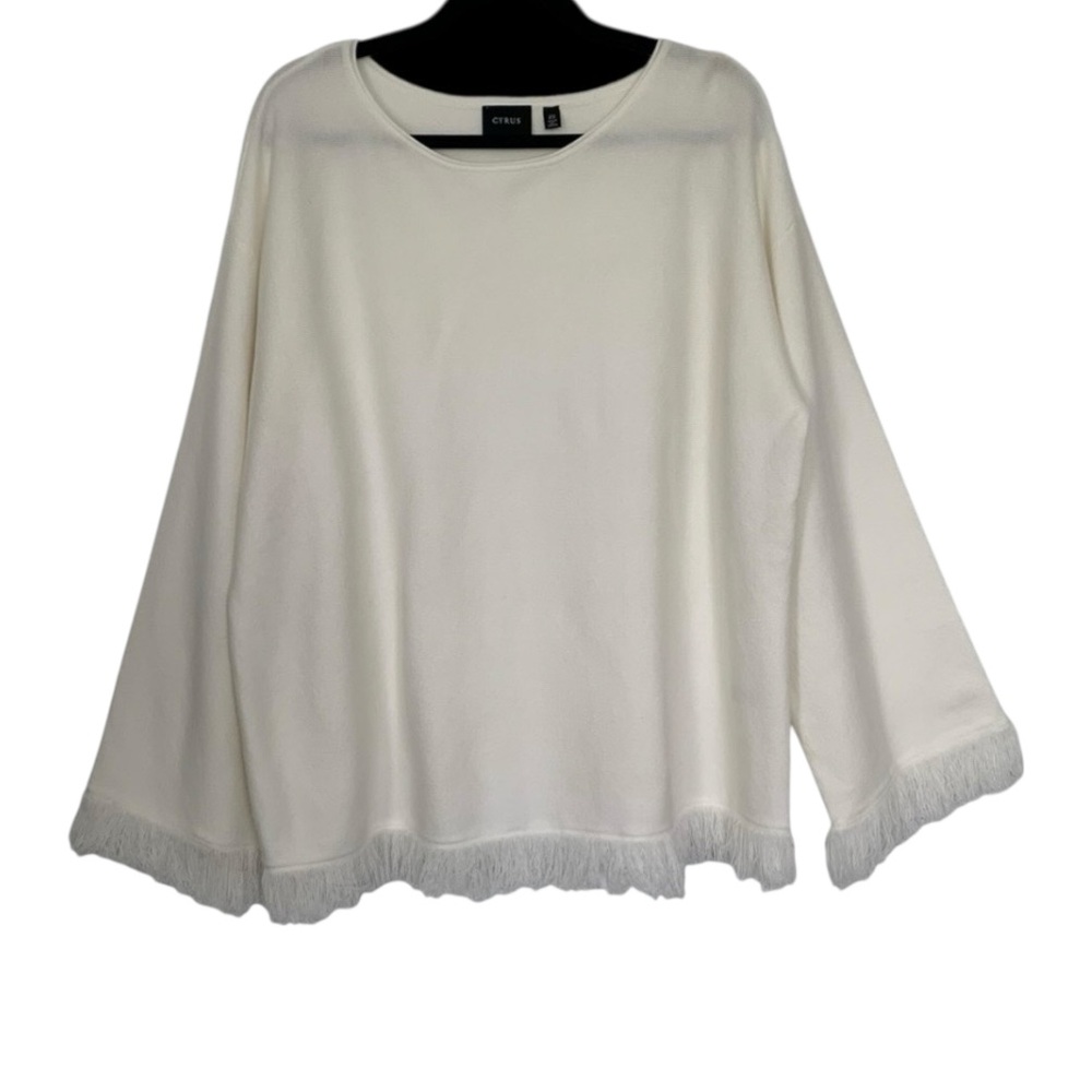 CYRUS Women PLUS Sweater/Top Neutral White Long Sleeve Fringe‎ Hem Scoop Neck 2X